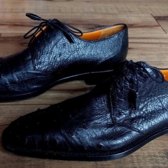 Mezlan Platinum Ostrich Leather Oxfords Dress Shoes Size 8 M Black Valens Exotic - Picture 5 of 8